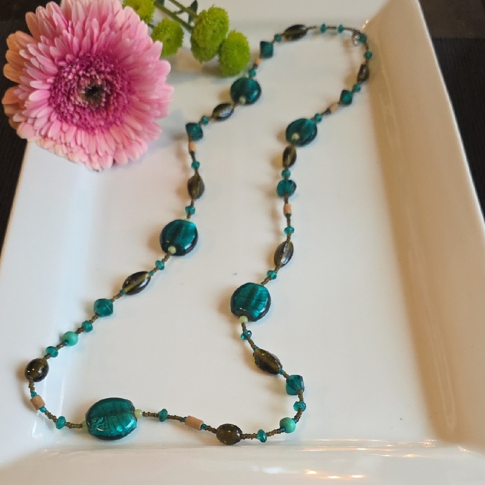 Teal Glass & Beaded Necklace